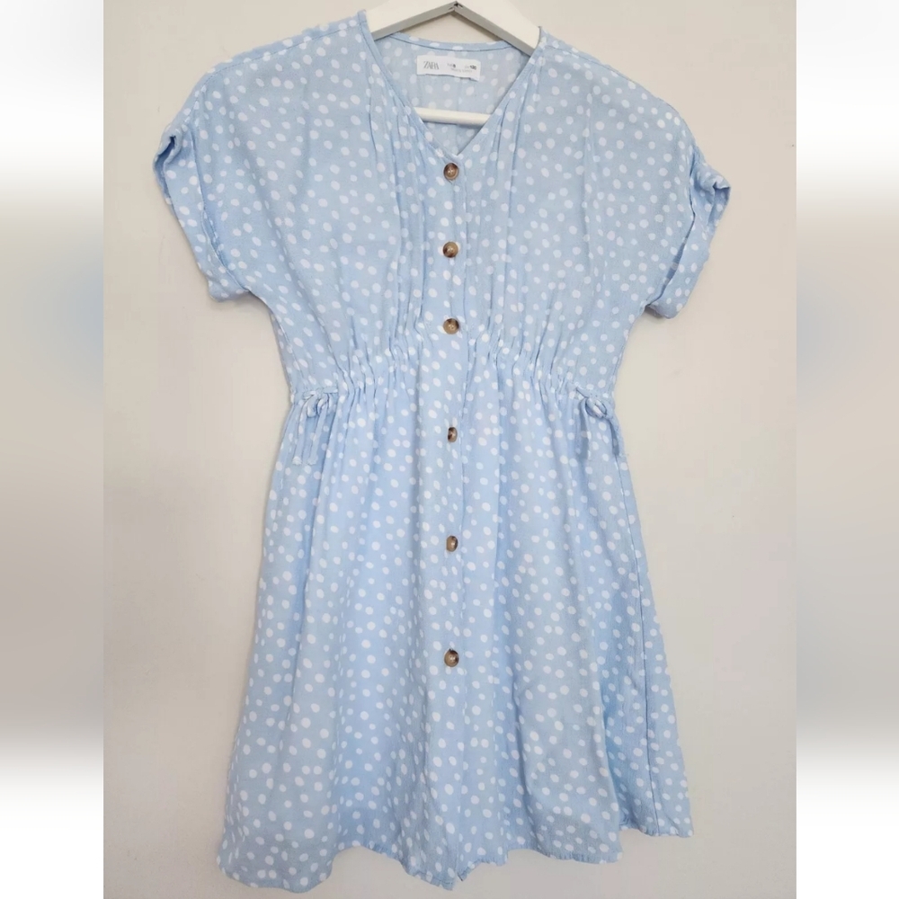 ZARA GIRLS BLUE WHITE POLKA DOT ELASTIC WAIST LIGHT DRESS SZ.8 - Picture 8 of 10